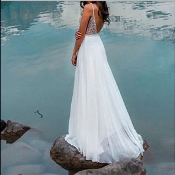 💙 True Love White Beaded Rhinestone Maxi Dress - Picture 4 of 16